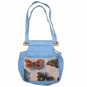 Handmade Butterfly Tapestry Purse. Denim Shoulder Bag With Wood Magnetic Closure